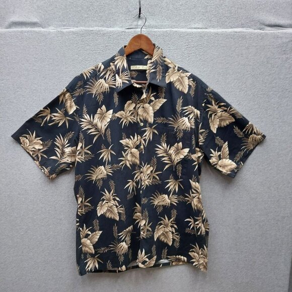 Batik Bay Mens Hawaiian Shirt L Black & Beige Tropical Leaf Print 100% Cotton - Picture 1 of 4